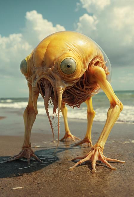 TheAramintaExperiment_Cv5_macro photography by Shaun Tan and Peter Mohrbacher and Moebius and Guy Aroch, creature design by Shaun Tan, yellow floating alien creature rising from the shore, transparent body exposing i_20240609182329_0001.png